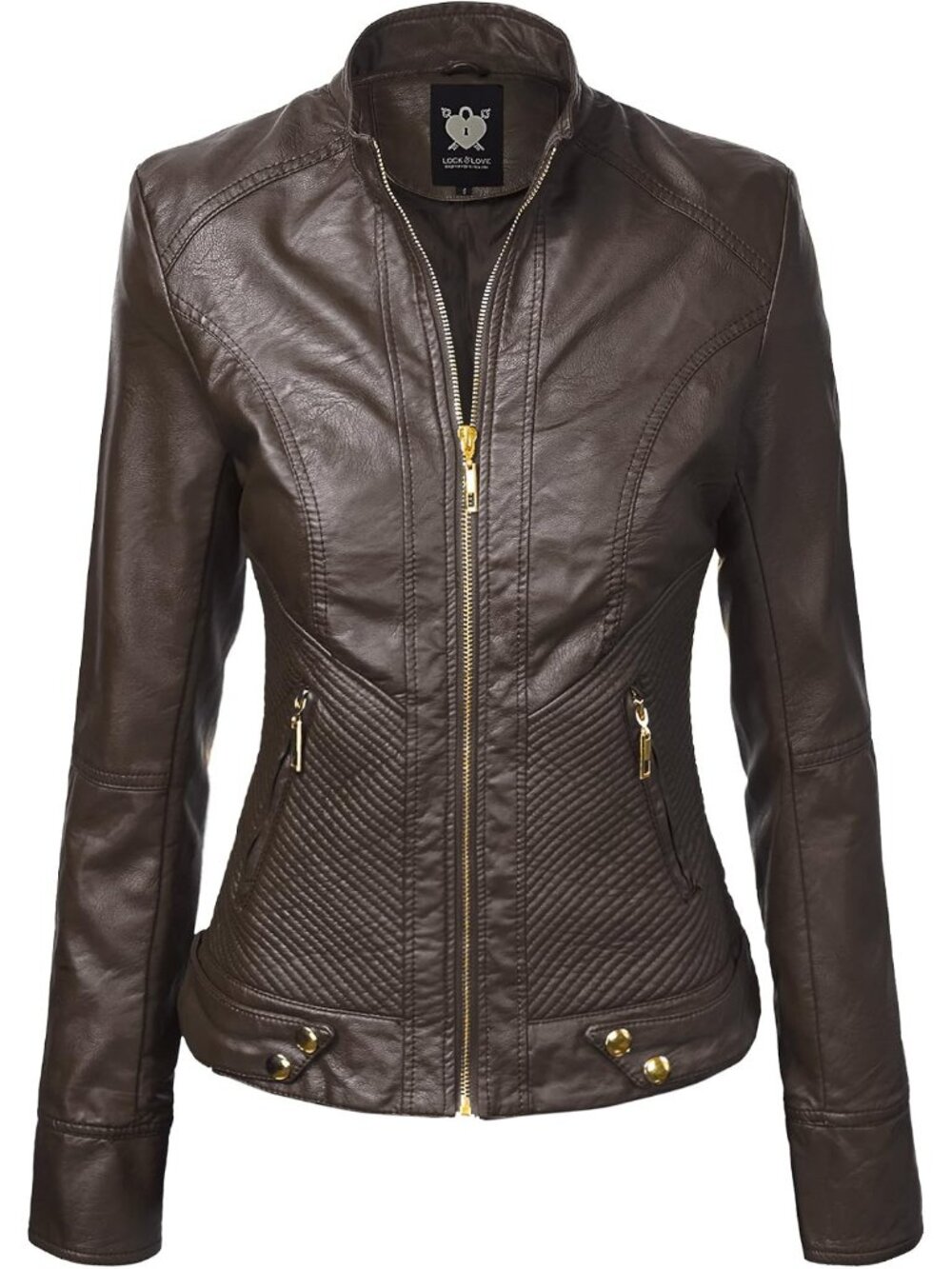 Women Chocolate Solid Faux Leather Slim Fit Panelled Vegan Classic Biker Jacket